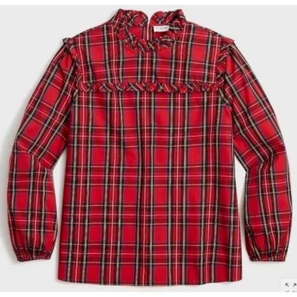 J. Crew | Women's Red Tartan Plaid Ruffle Neck Blouson Sleeve Top - Picture 3 of 16